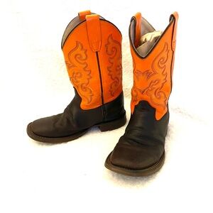 Old West Big Boys Youth Size 5 Leather Embroidered Cowboy Boots Orange 10” Calf